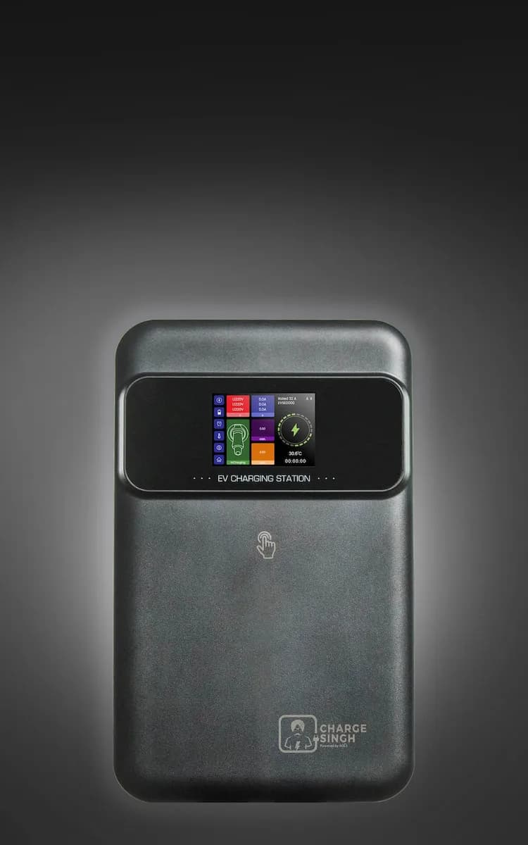 The ChargeSingh RDX-3 home EV charger, showing its colour touchscreen
